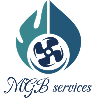 Logo mgb-services castres avec flamme, goutte d’eau et hélice symbolisant énergie, eau, air et chauffage